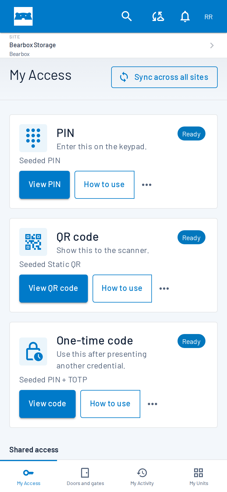 Schermata reale My Access di Bearbox con schede PIN, QR e credenziali monouso